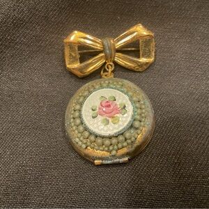 ANTIQUE LOCKET BROOCH VICTORIAN ERA VERDIGRIS PATINA ENAMELED PAINTED ROSE BOW